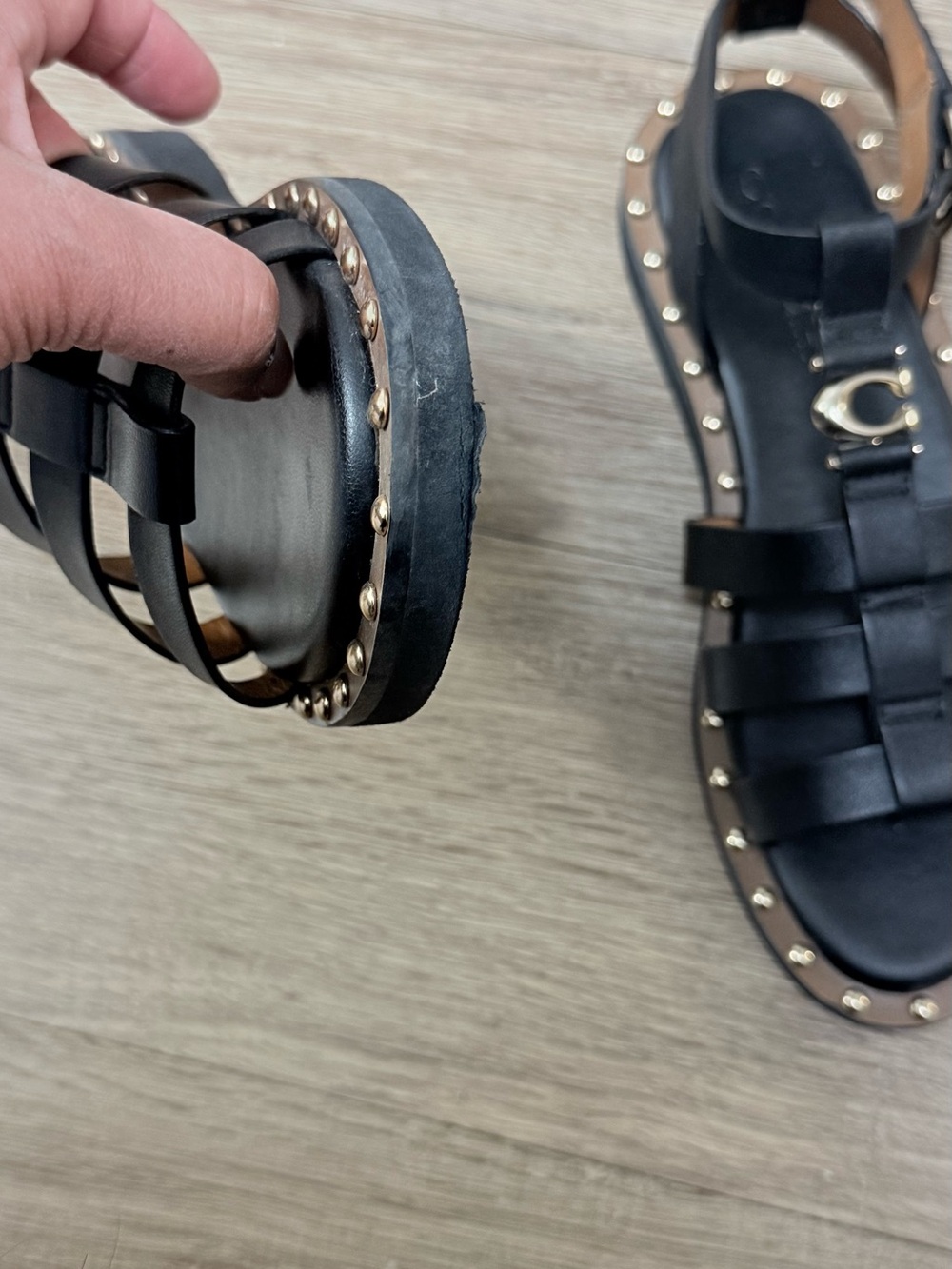 Coach Black Leather Stud-Trim Gladiator Sandals with Gold Logo - Picture 4 of 9